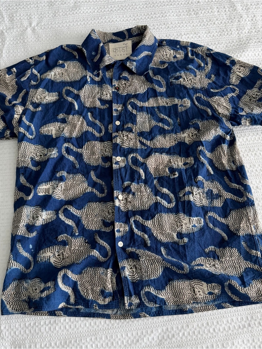 Kardo Navy Blue Short-Sleeve Button-Up with Cream Animal Print